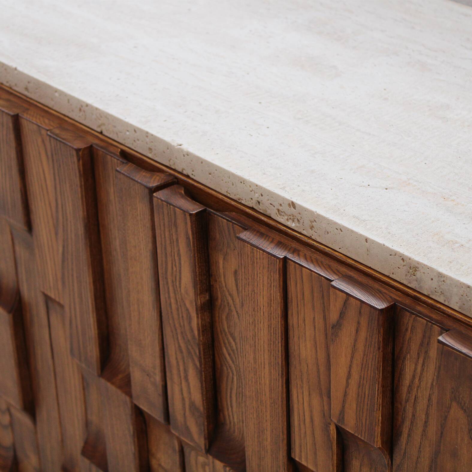 Italian Oak Wood Sideboard with Travertine Marble Top and Hand Carved Patte