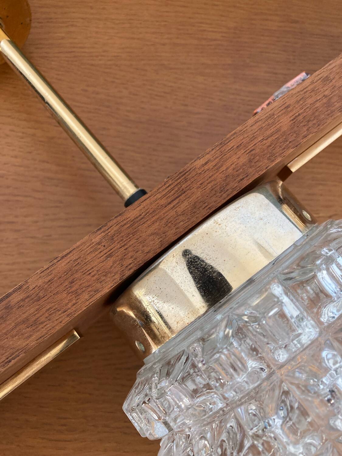 Vintage teak, brass and glass chandelier