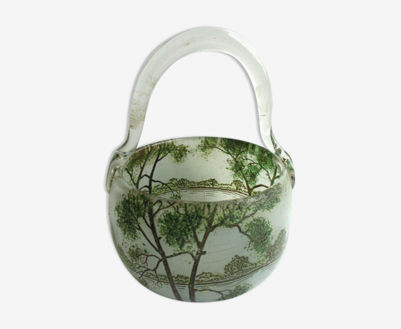 Vase panier rond verre émaillé paysage lacustre avec grands arbres