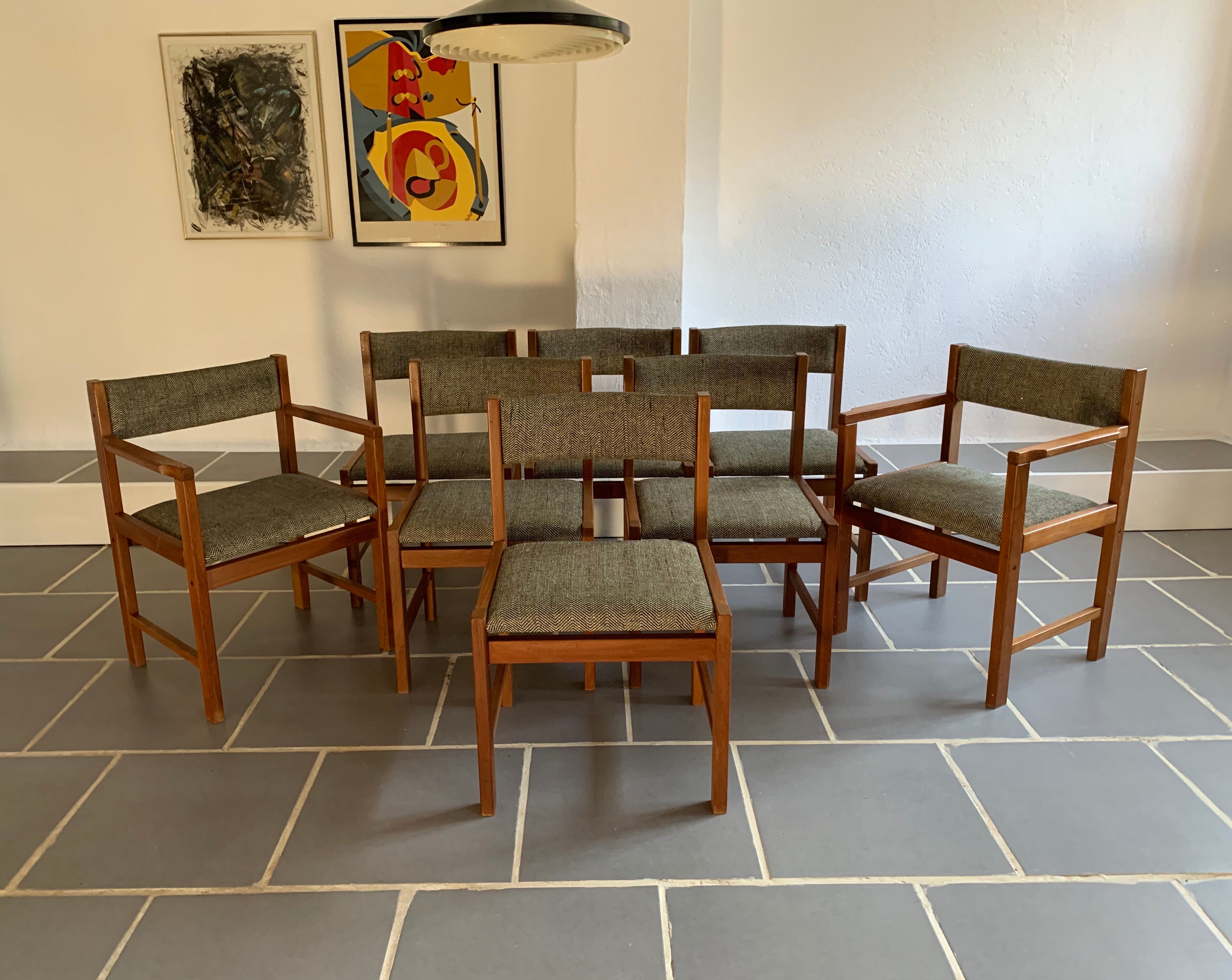 Set 6 chairs and 2 vintage Scandinavian teak and tweed chairs