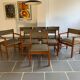 Set 6 chairs and 2 vintage Scandinavian teak and tweed chairs