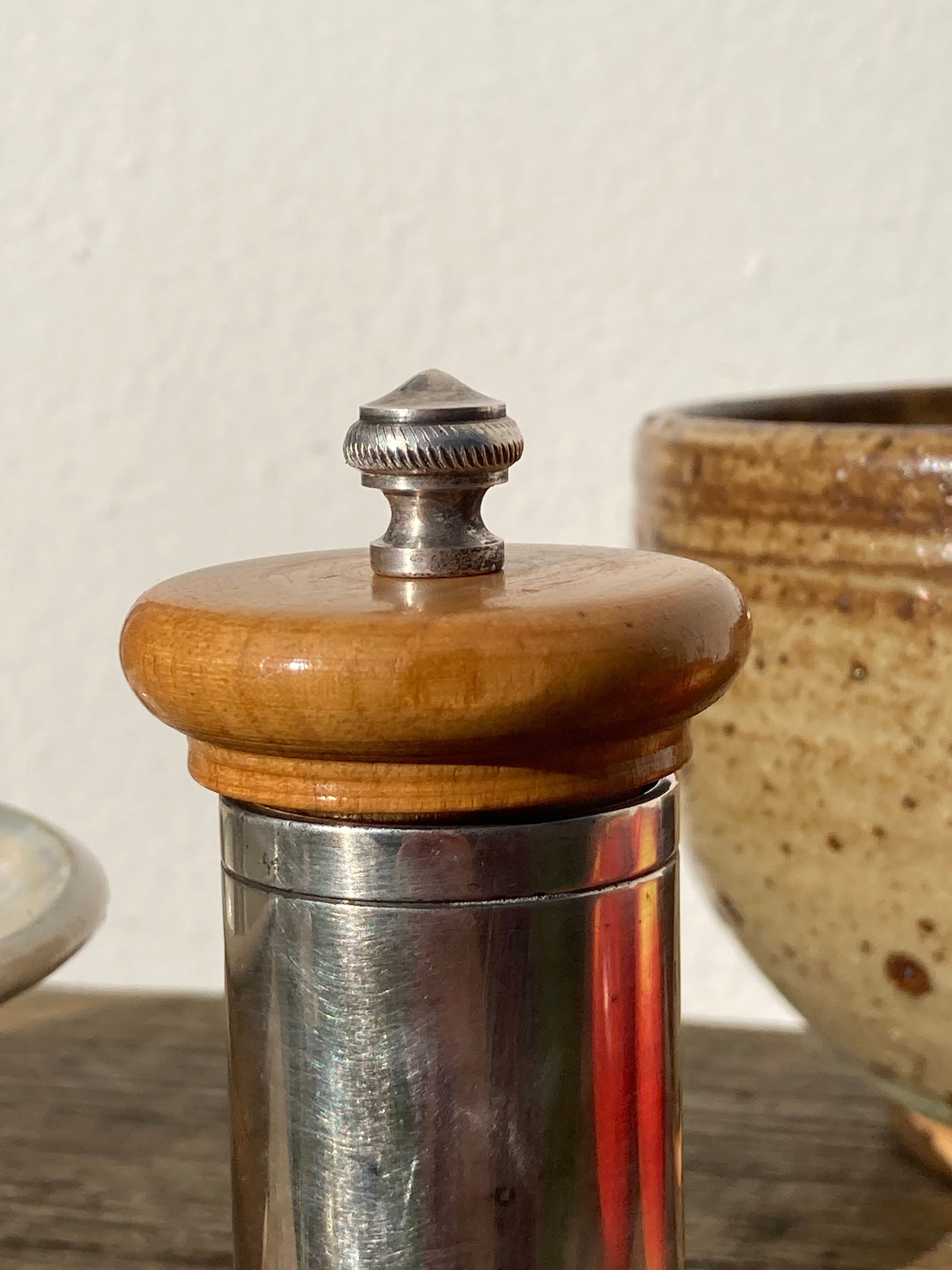 Peugeot pepper tree for Christofle in silver metal and vintage wood