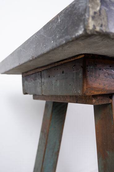Industrial Console/table bluestone top and green weathered wood