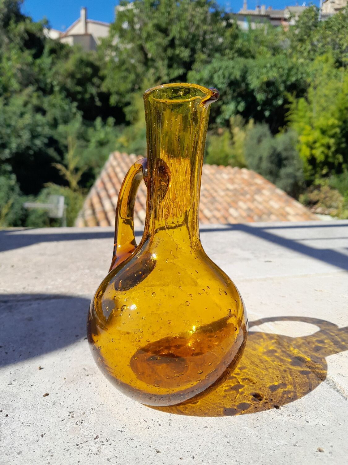 Amber blown glass pitcher