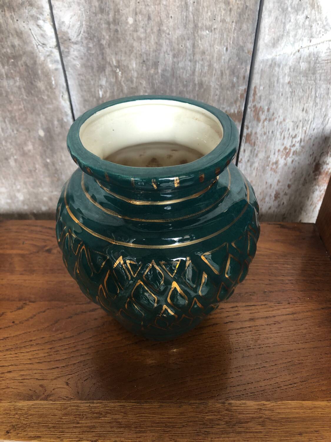 Old vallauris vase green ceramic & vintage gold decor #a798