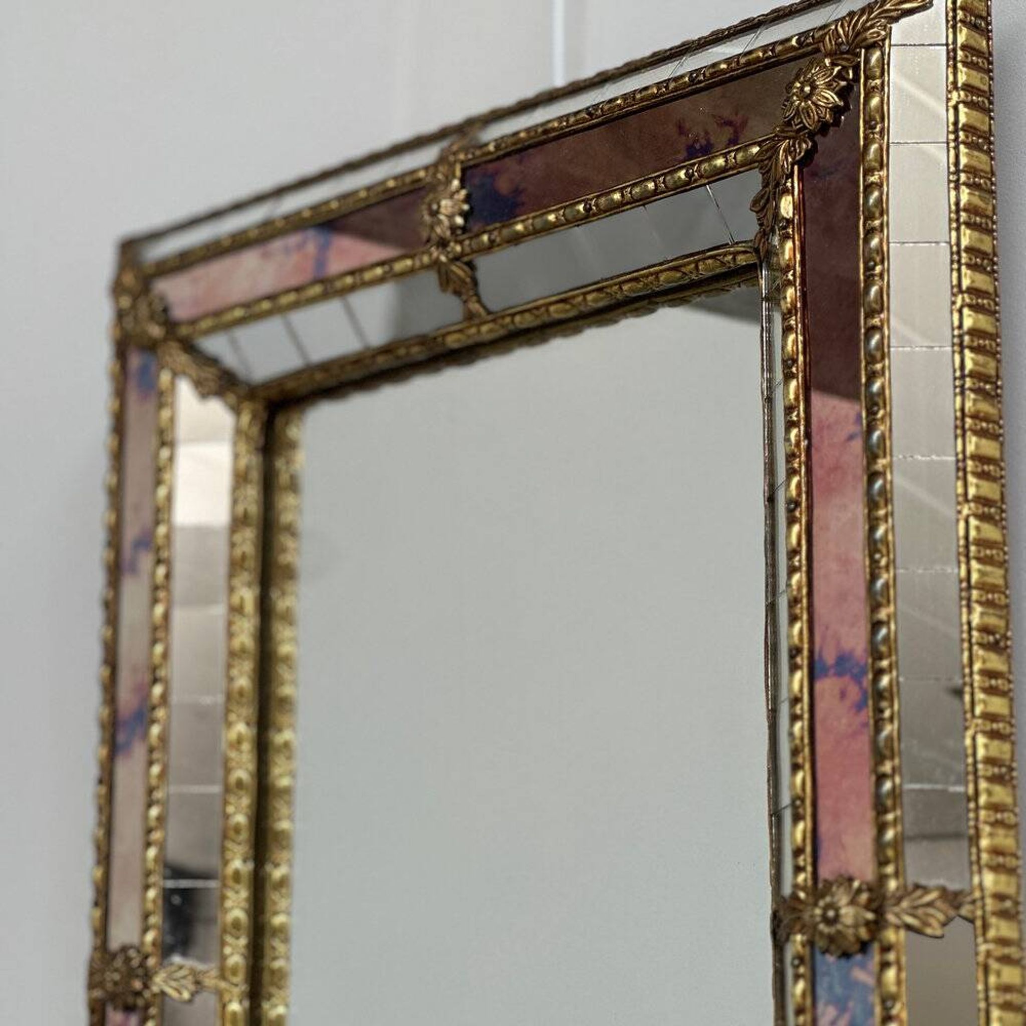 Small Spanish brass & mosaic mirror with stained pink glass, 1980s