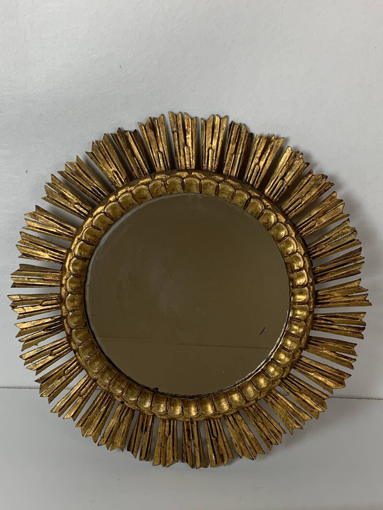 Large midcentury Spanish gold gilt wood sun or sunburst mirror, 1950s