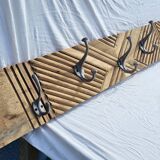 Wooden wall coat rack with 9 double cast iron hooks