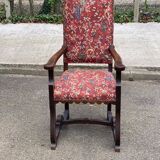 Henri II armchair in solid wood and floral burgundy fabric, 19th century.