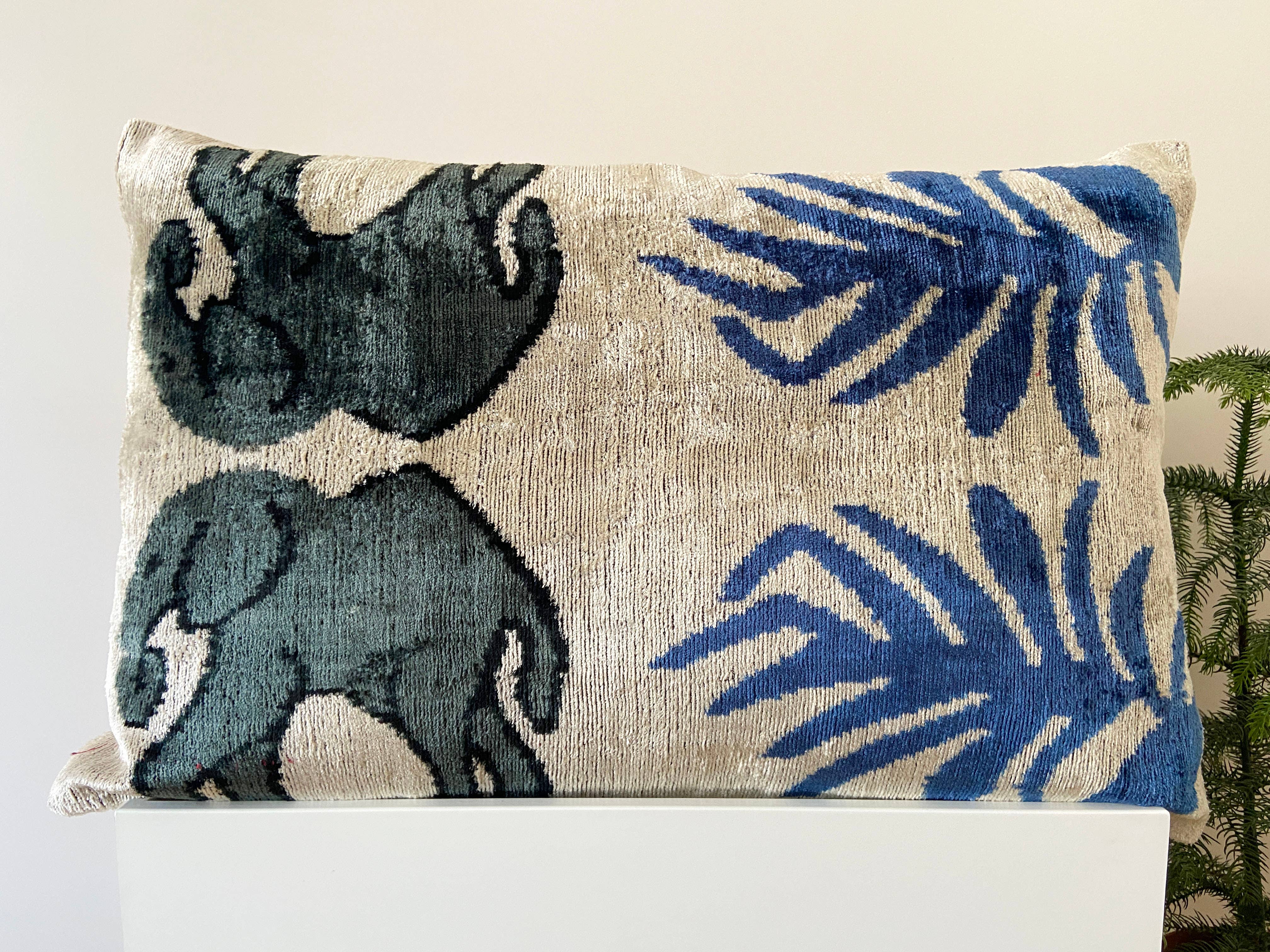 Ikat cushion in Persian elephant velvet