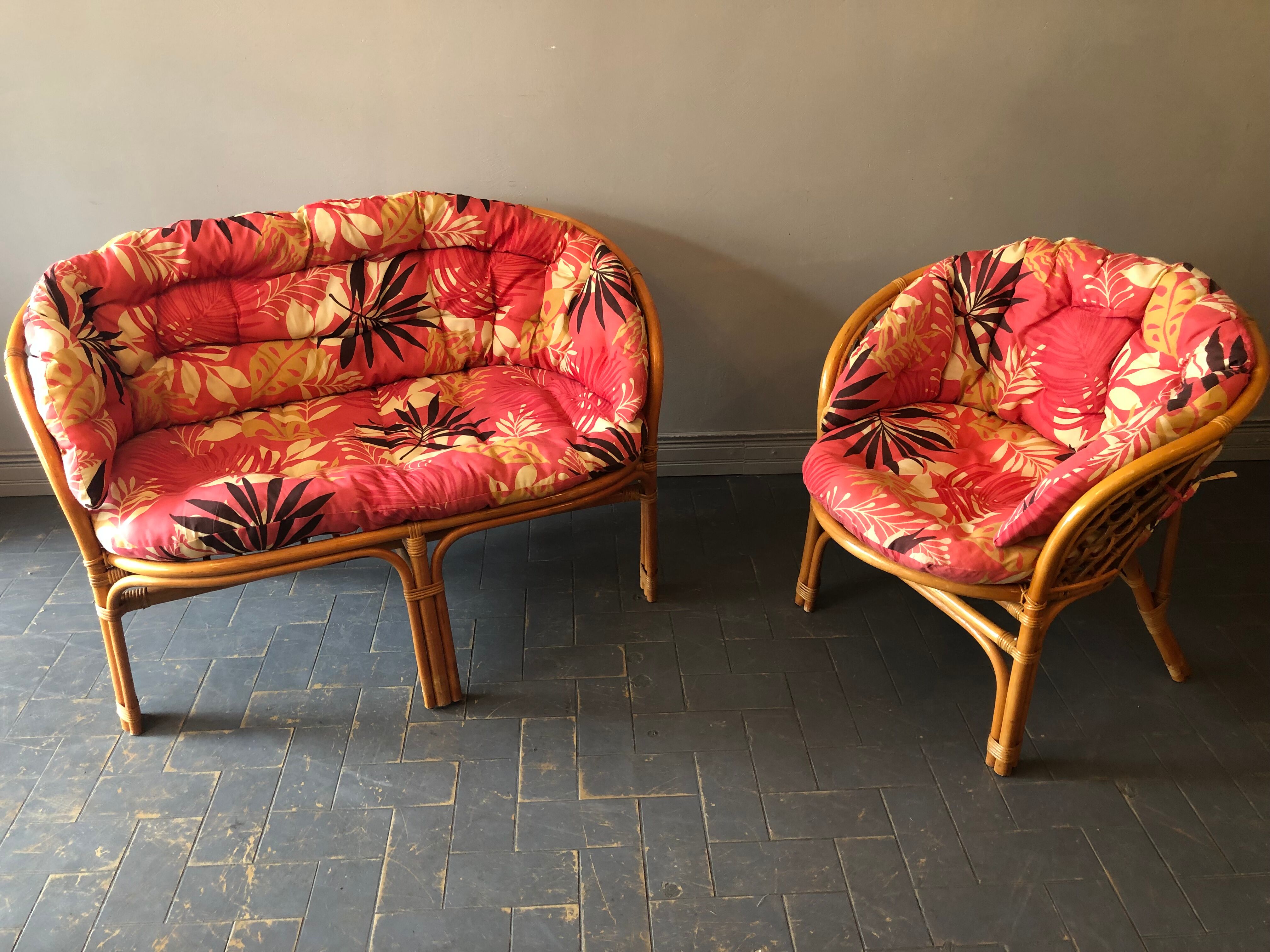 Bamboo and rattan bench and armchair