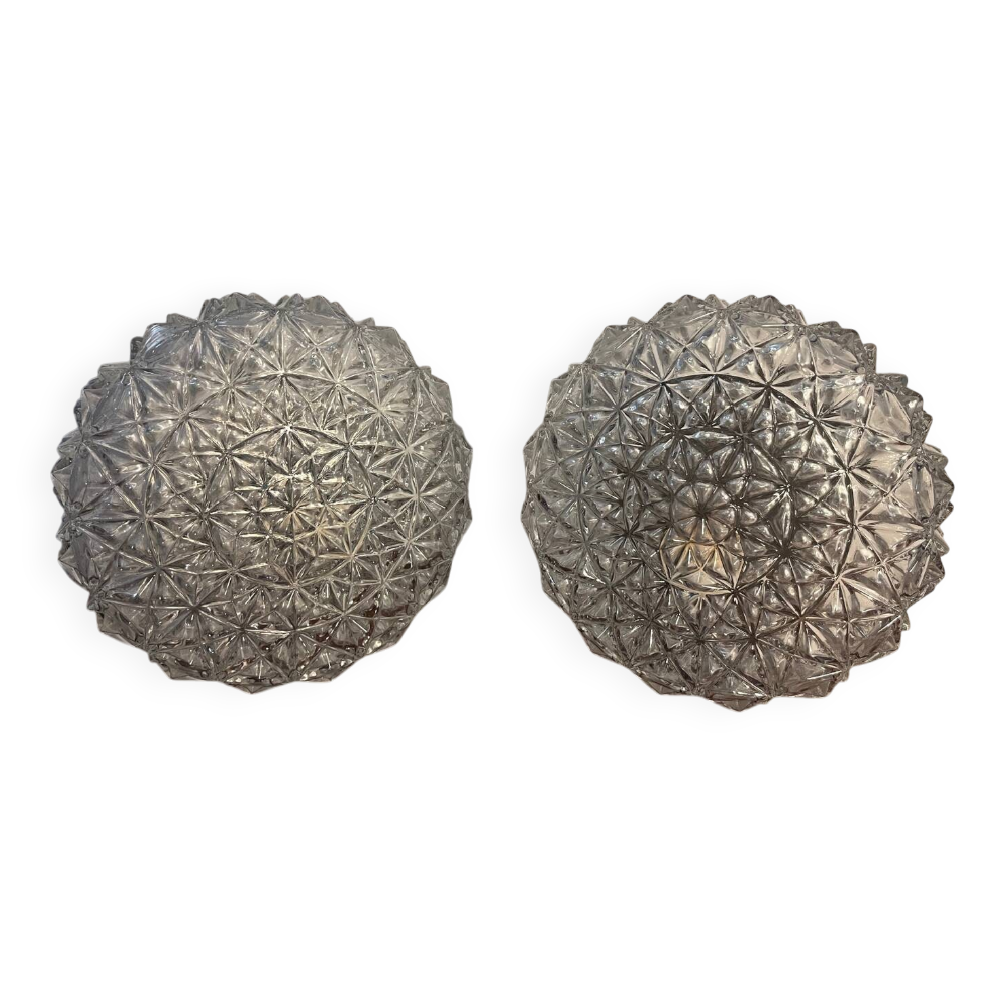 Paire d'appliques, plafonniers ronds en verre ciselé, années 60