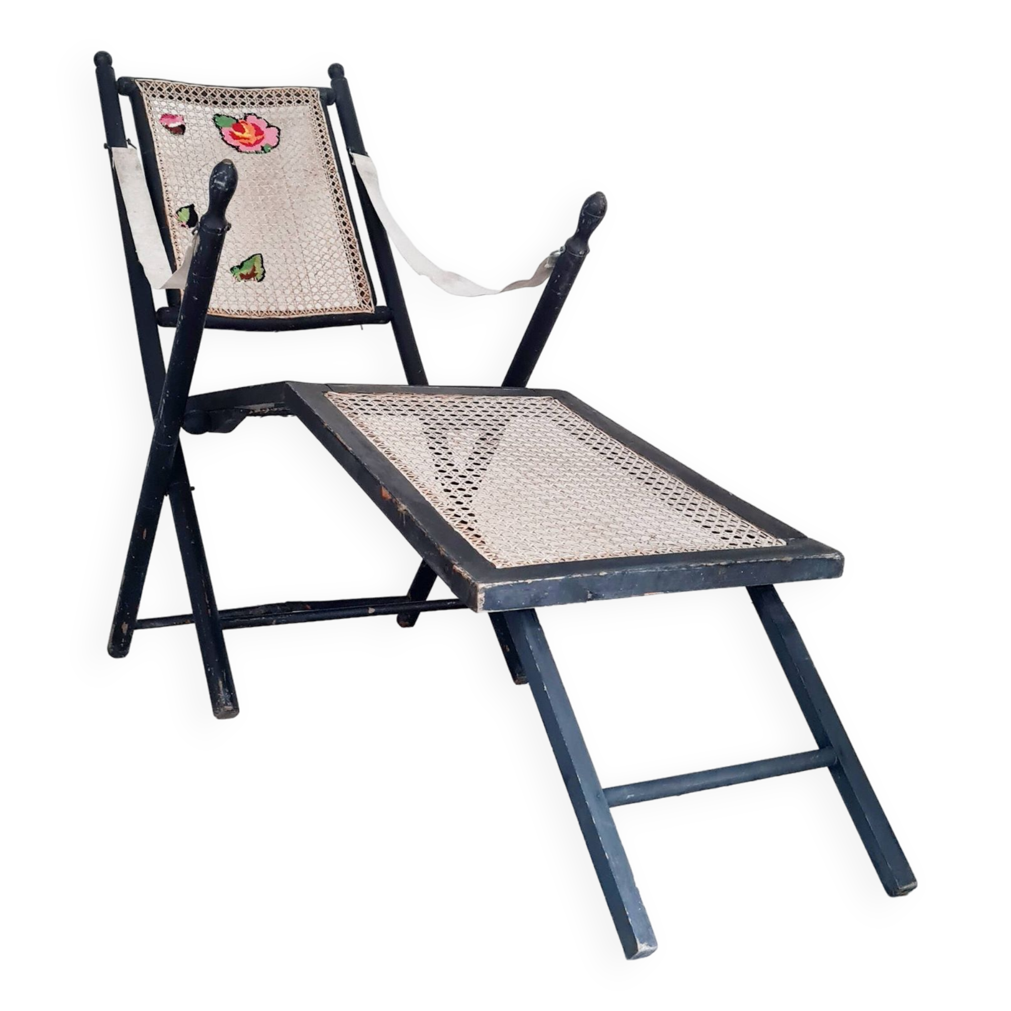 Transat ancien - chaise longue bois et cannage