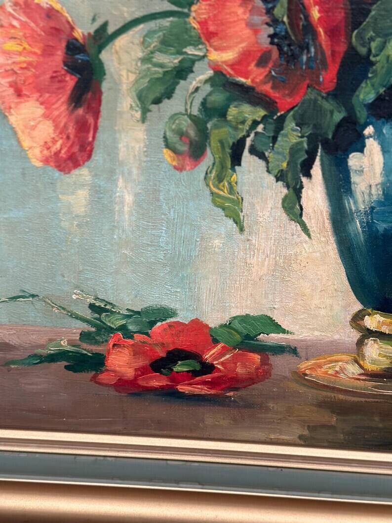 Original Swedish Oil on Canvas – "Red Poppies in a Blue Vase" by C. Horst – Signed – Vintage and Framed – 72 × 62 cm (28.3" × 24.4")