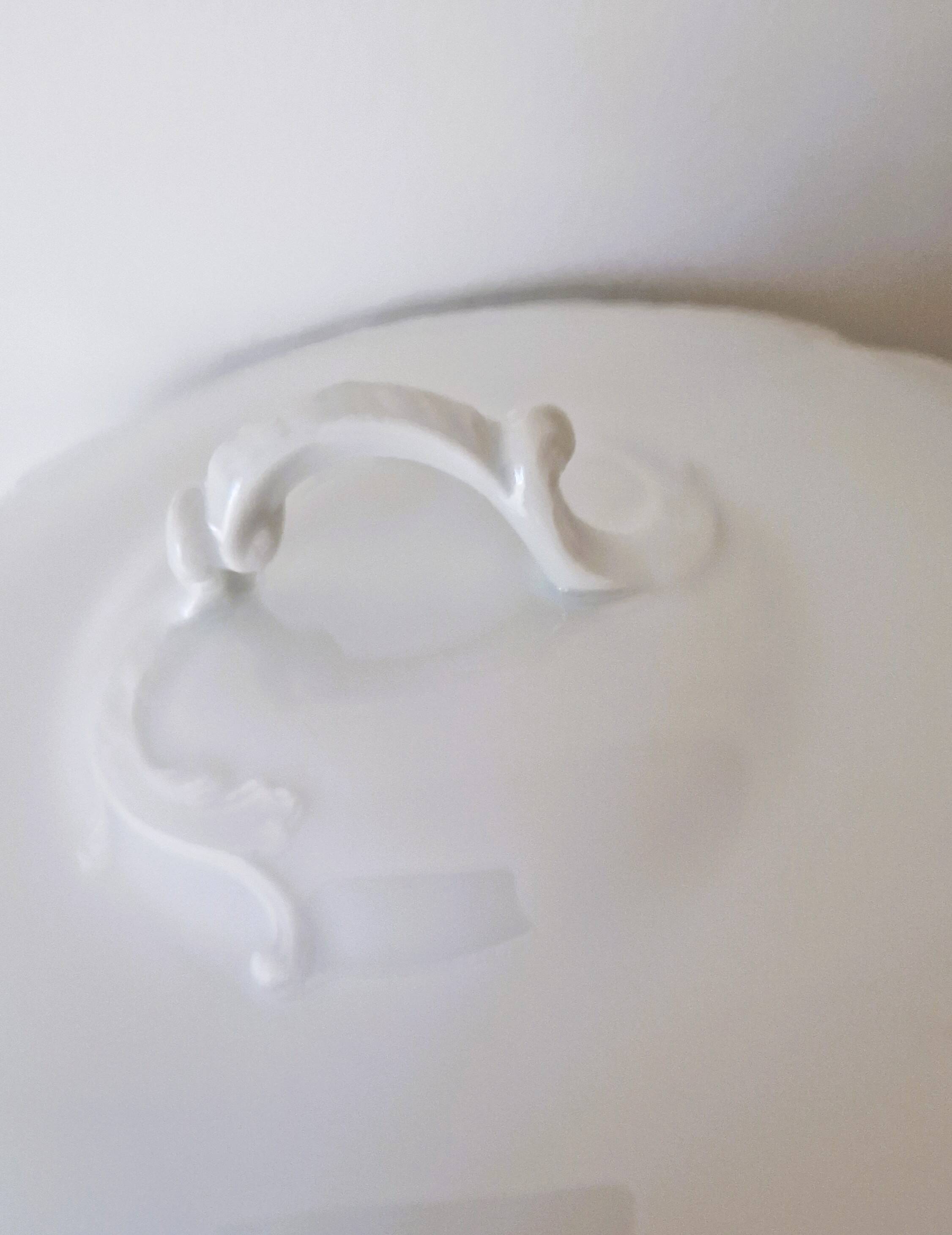 White porcelain soup tureen from Limoges with a vegetal scroll design.