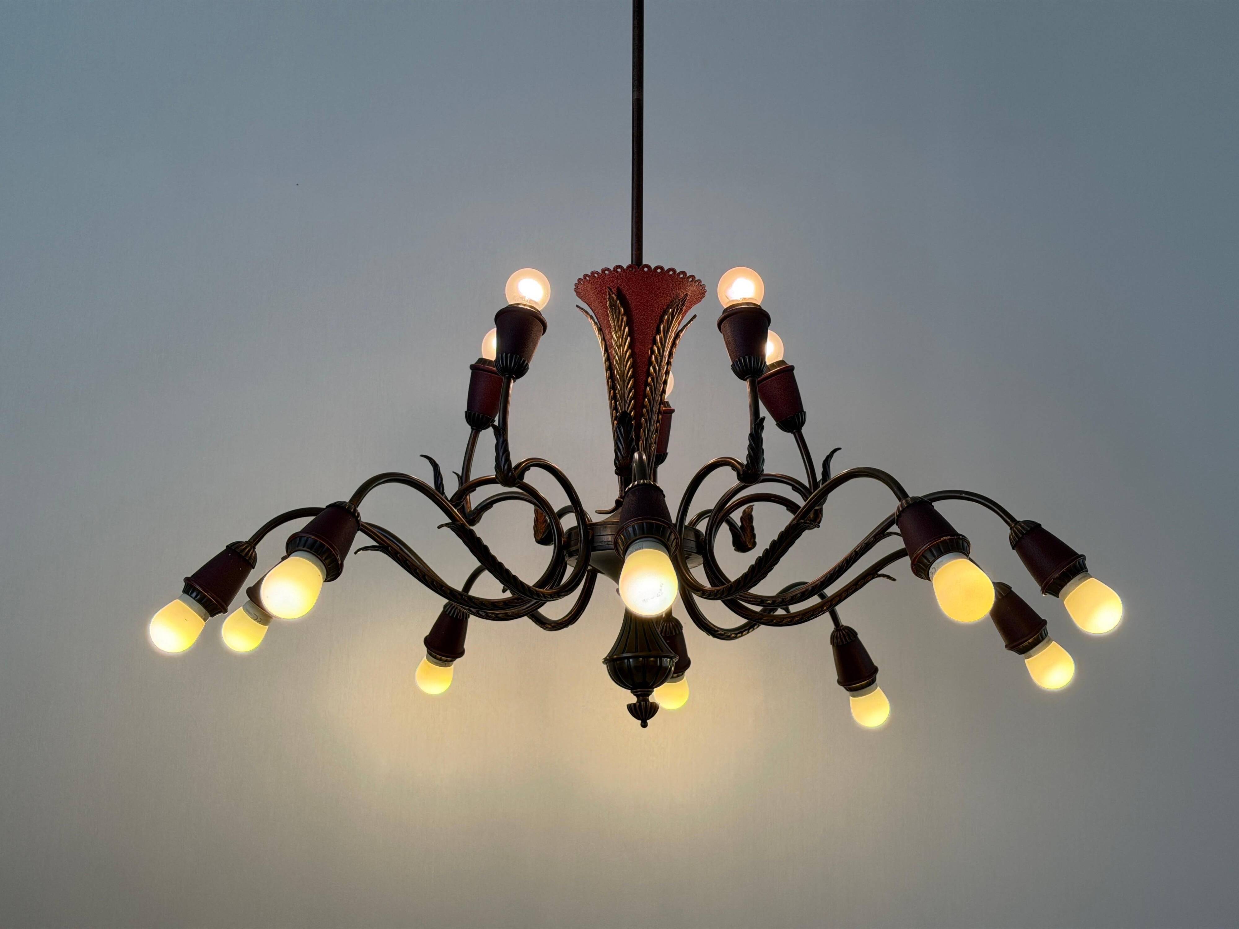 Large Burgundy brass chandelier with 15 arms, 1950, Italy