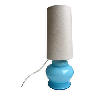 Lamp with blue opaline feet and textured conical lampshade 60s-70s
