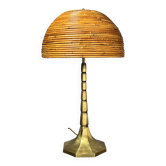 Midcentury pencil reed rattan bamboo and brass table lamp. 1970s