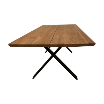 Wood table metal design