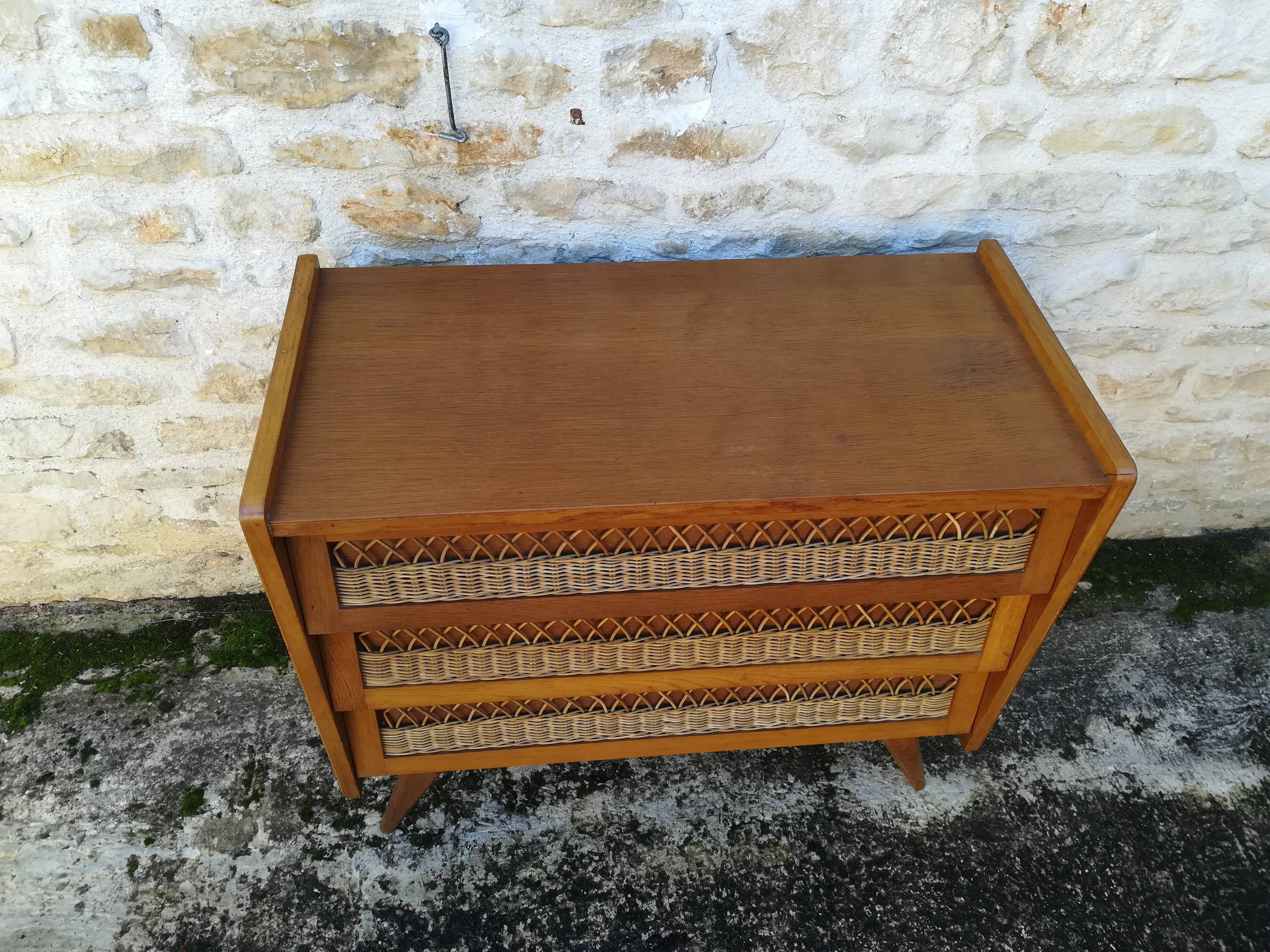 Vintage rattan and oak chest of drawers