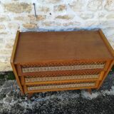 Vintage rattan and oak chest of drawers