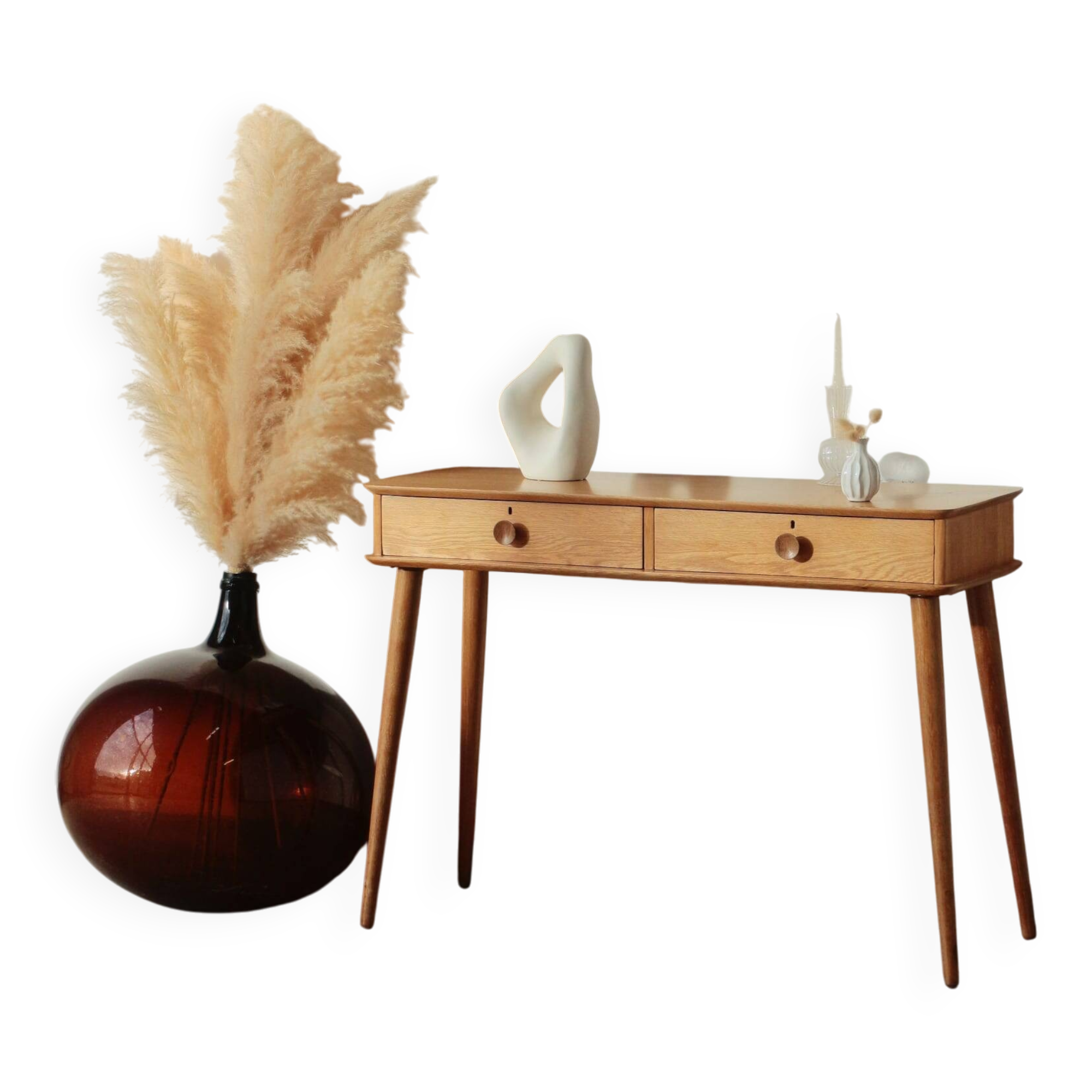 Console Vintage en Chêne Massif – Pieds Fuseaux & 2 Tiroirs