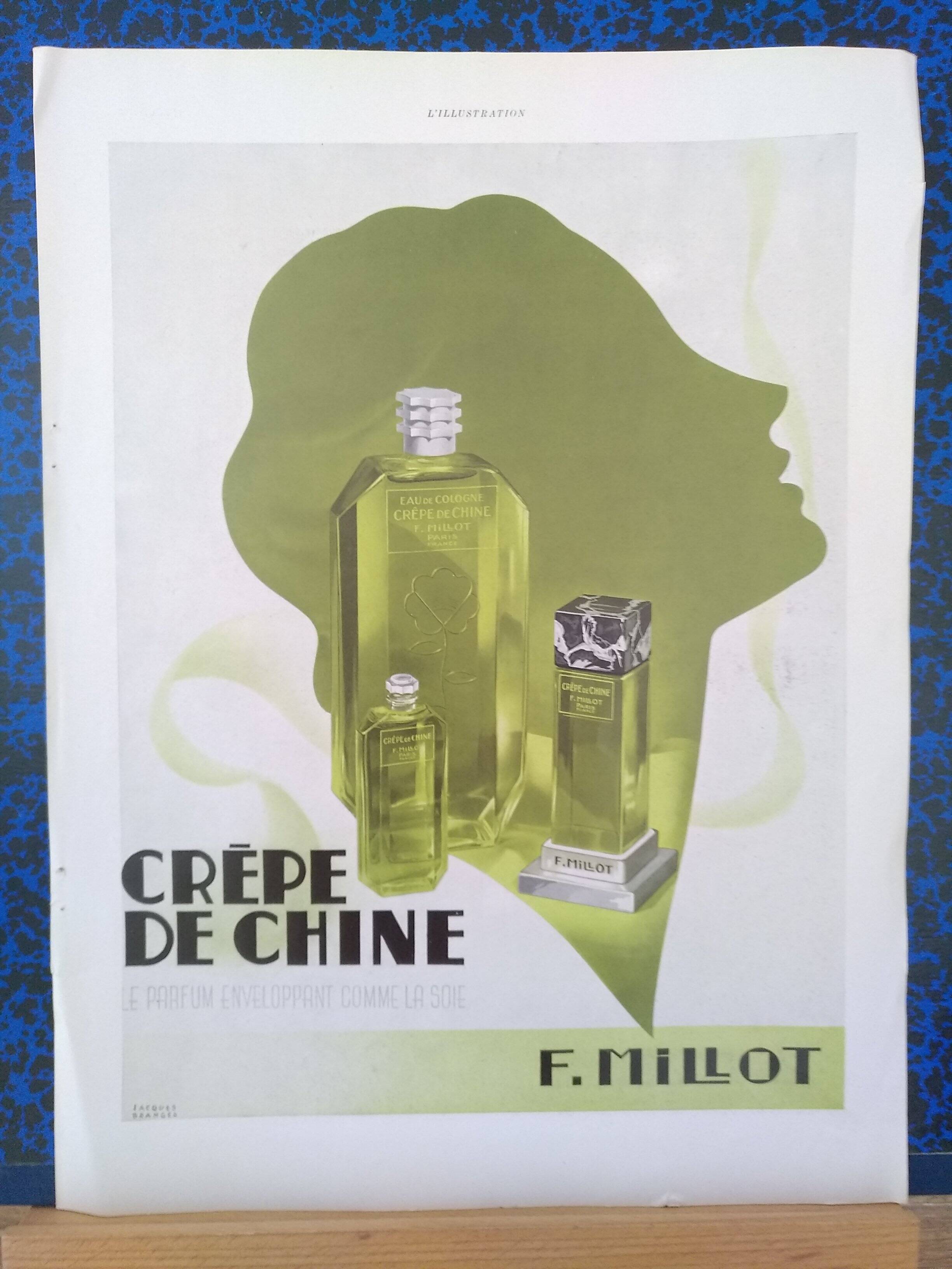 A paper advertisement for perfume brand crêpe de chine and eau de cologne from 1937 magazine