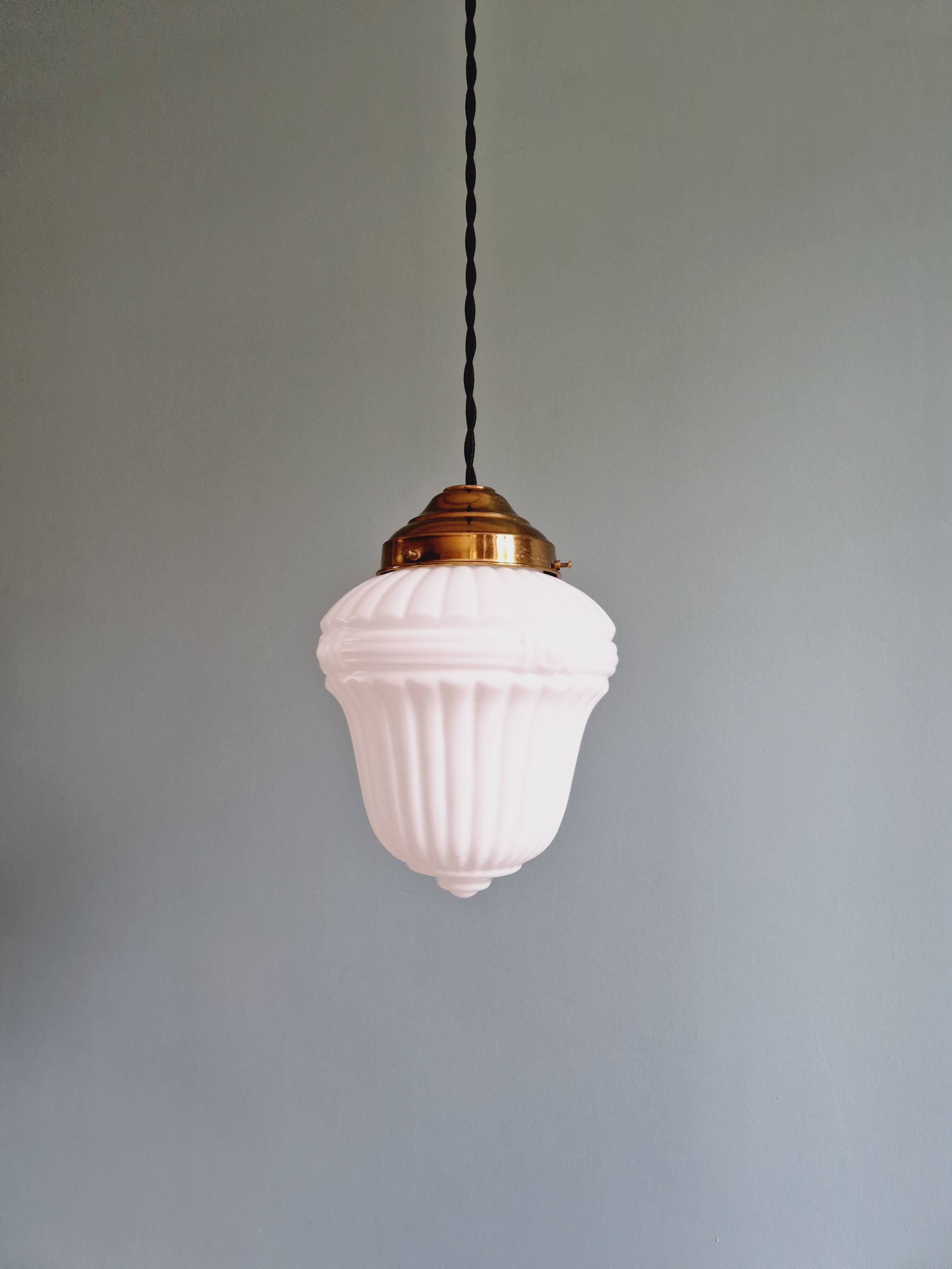 Art Deco pendant light in white opaline glass, 1920s-30s