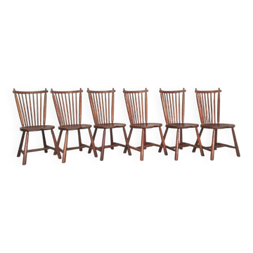 Set of 6 De Ster Geldermalsen spindle back dining chairs in solid oak, 1960