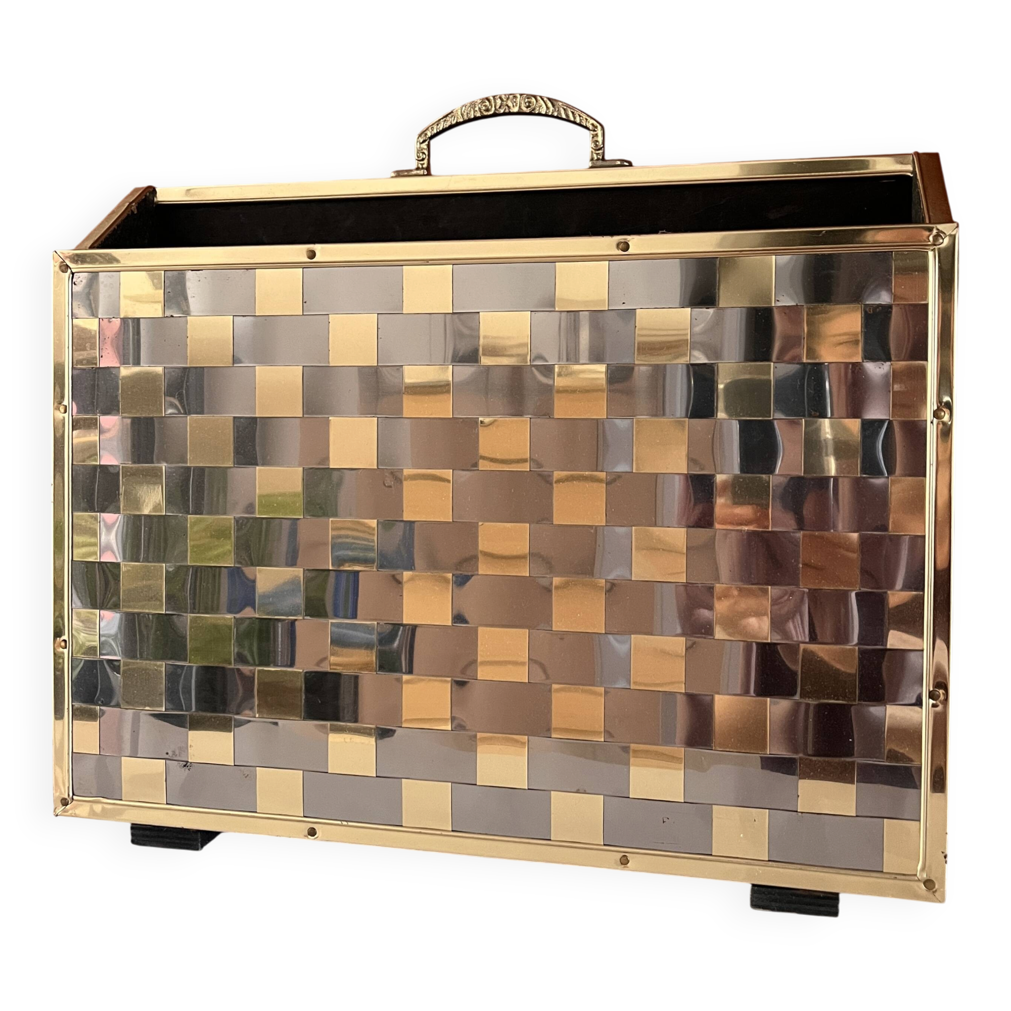 Brass and wood magazine rack in Hollywood Regency style.