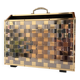 Brass and wood magazine rack in Hollywood Regency style.