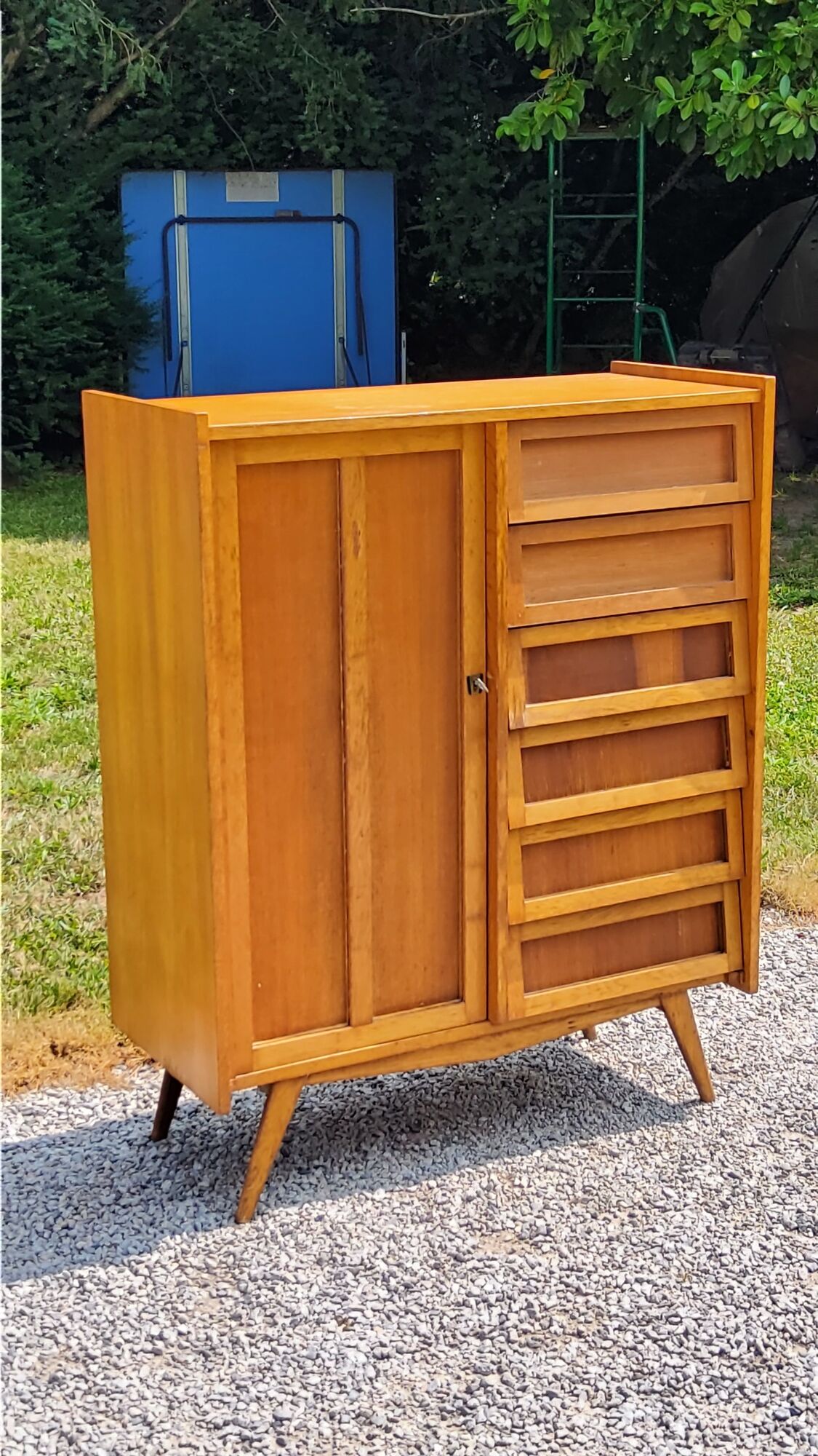 Vintage Golden Blond Oak Chest of drawers Feet Compass 6 Drawers 1 Door 50s