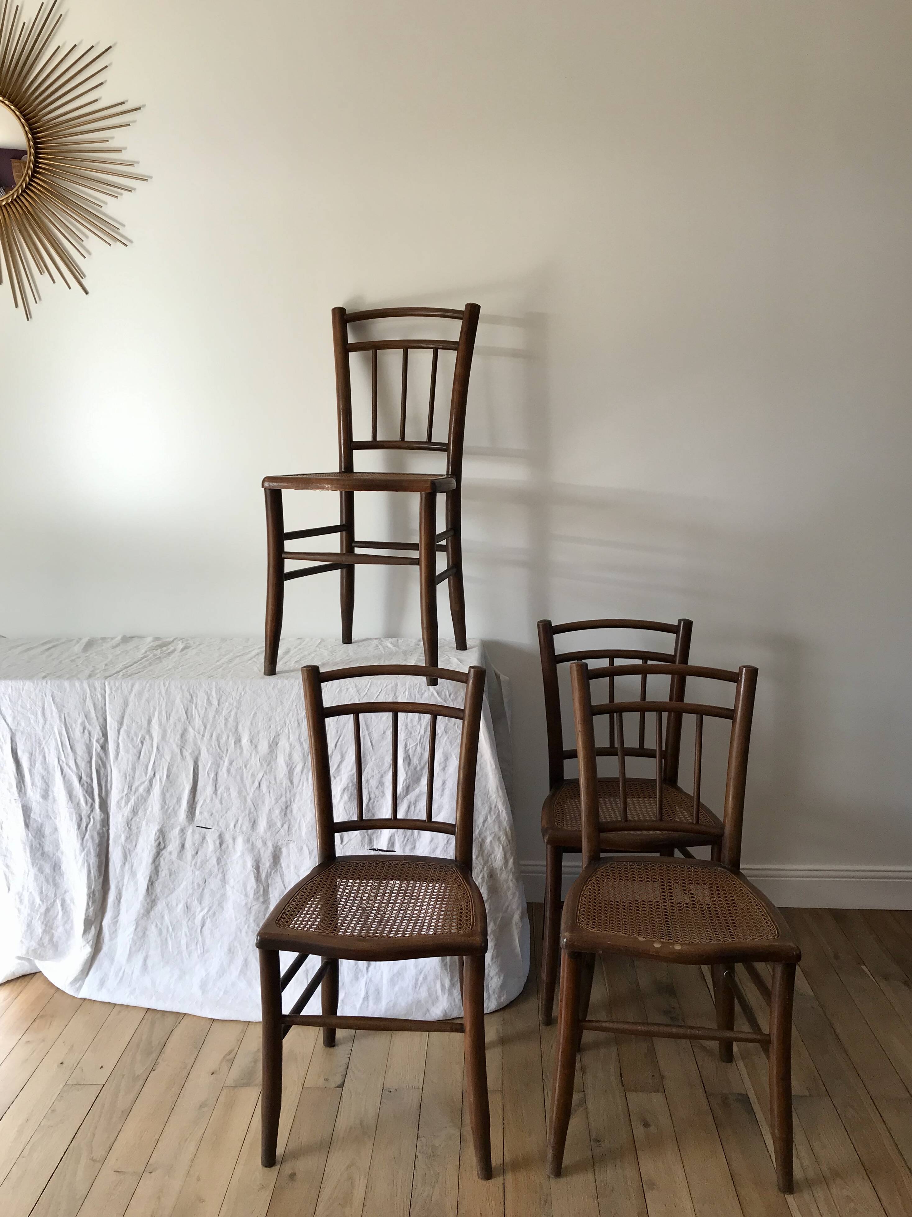 set of 4 bistro chairs in turned wood and canework stamped early 20th century