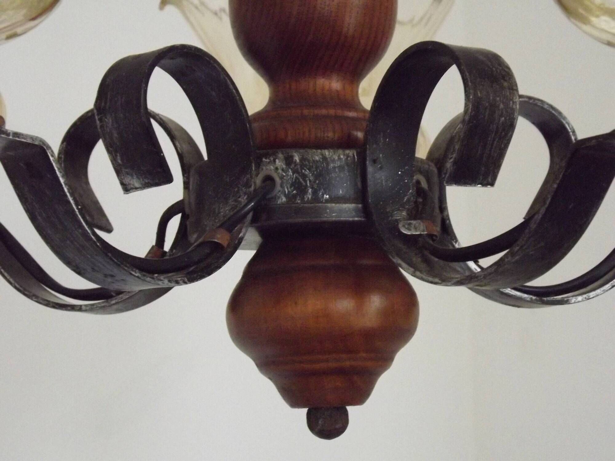 French 5 Light Mid Century Chandelier Wood Metal & Patterned Glass Shades