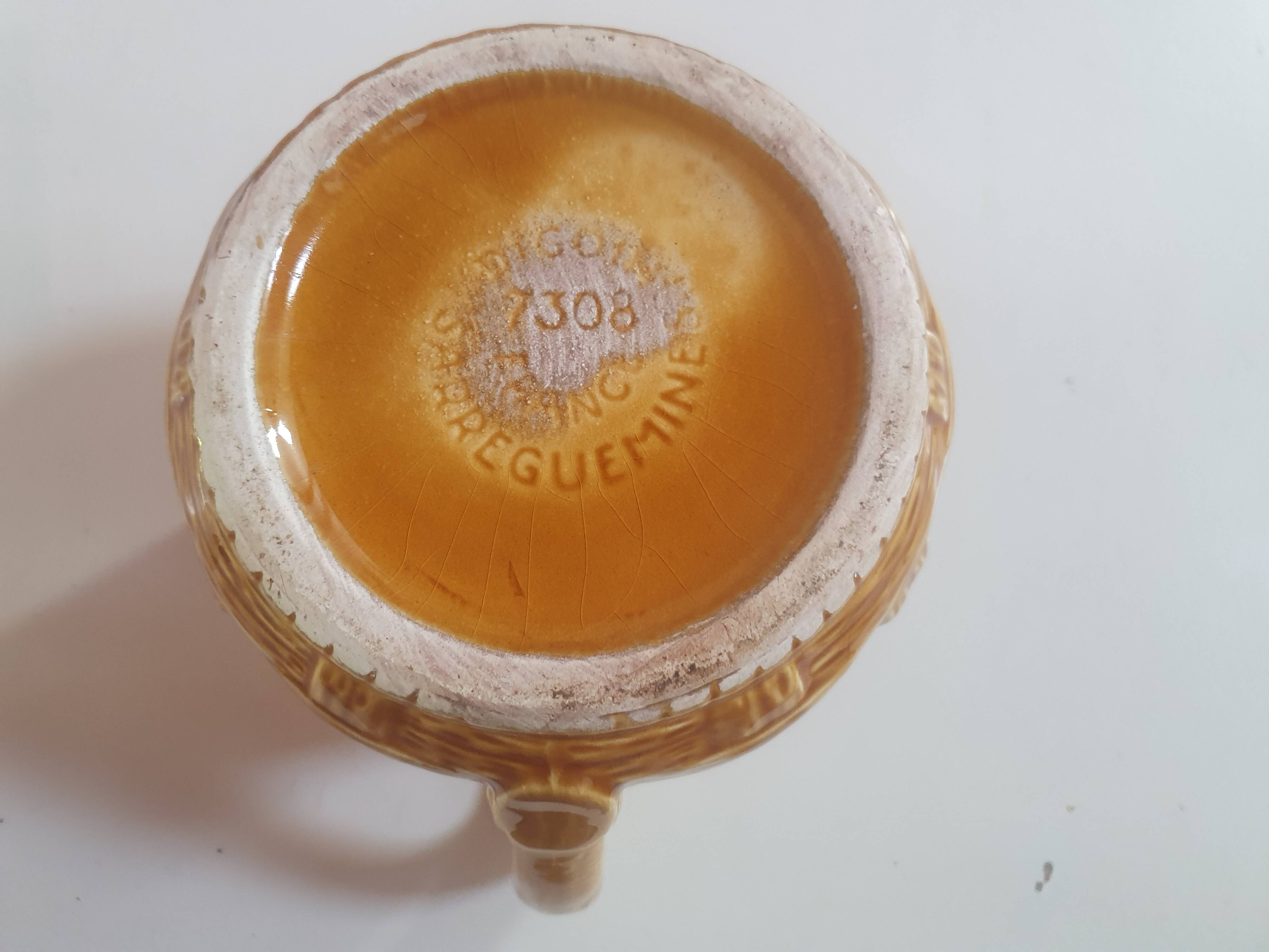 Vintage digoin sarreguemines pitcher in slip in yellow numbered woven basket pattern