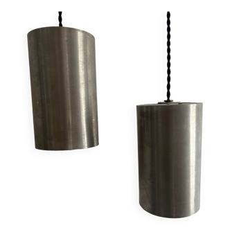 Pair of vintage brushed metal pendant lamps, France 1960