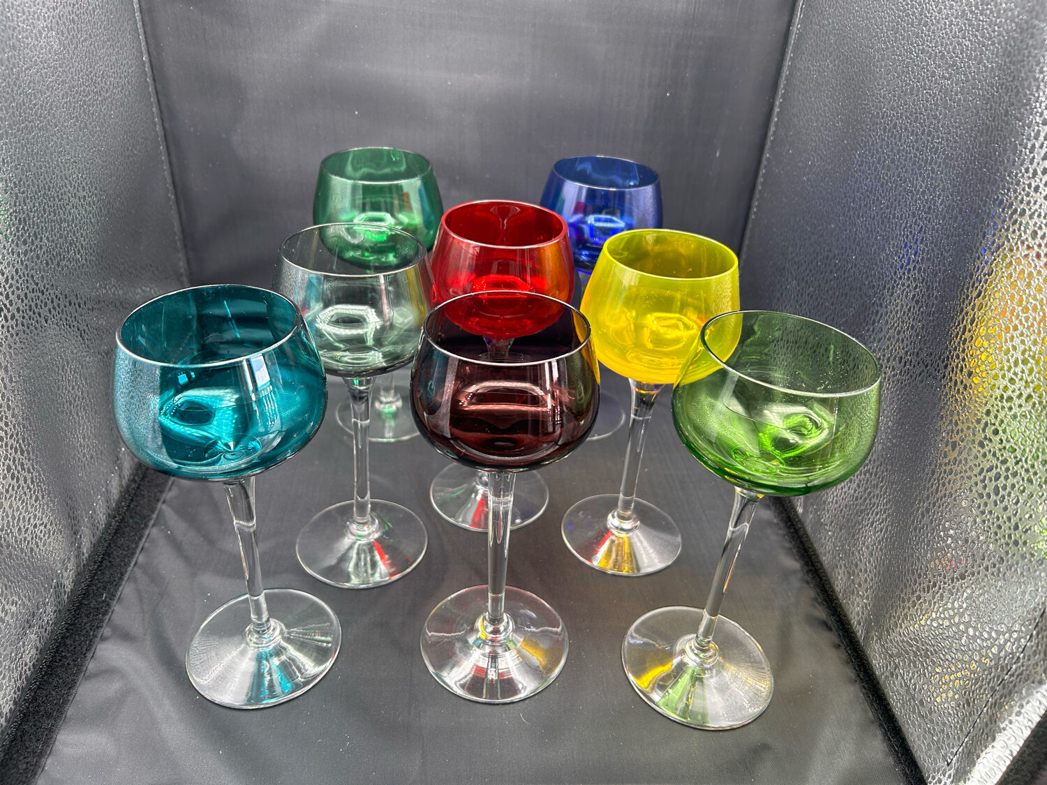 8 multicolored stemmed glasses
