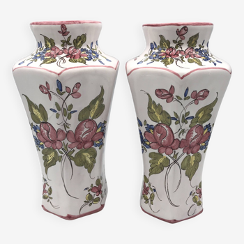 Pair of VASES with sides in Tolosane Martres Earthenware Floral decoration - signed
