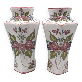 Pair of VASES with sides in Tolosane Martres Earthenware Floral decoration - signed