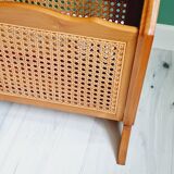 Side table with wooden and cane magazine holder
