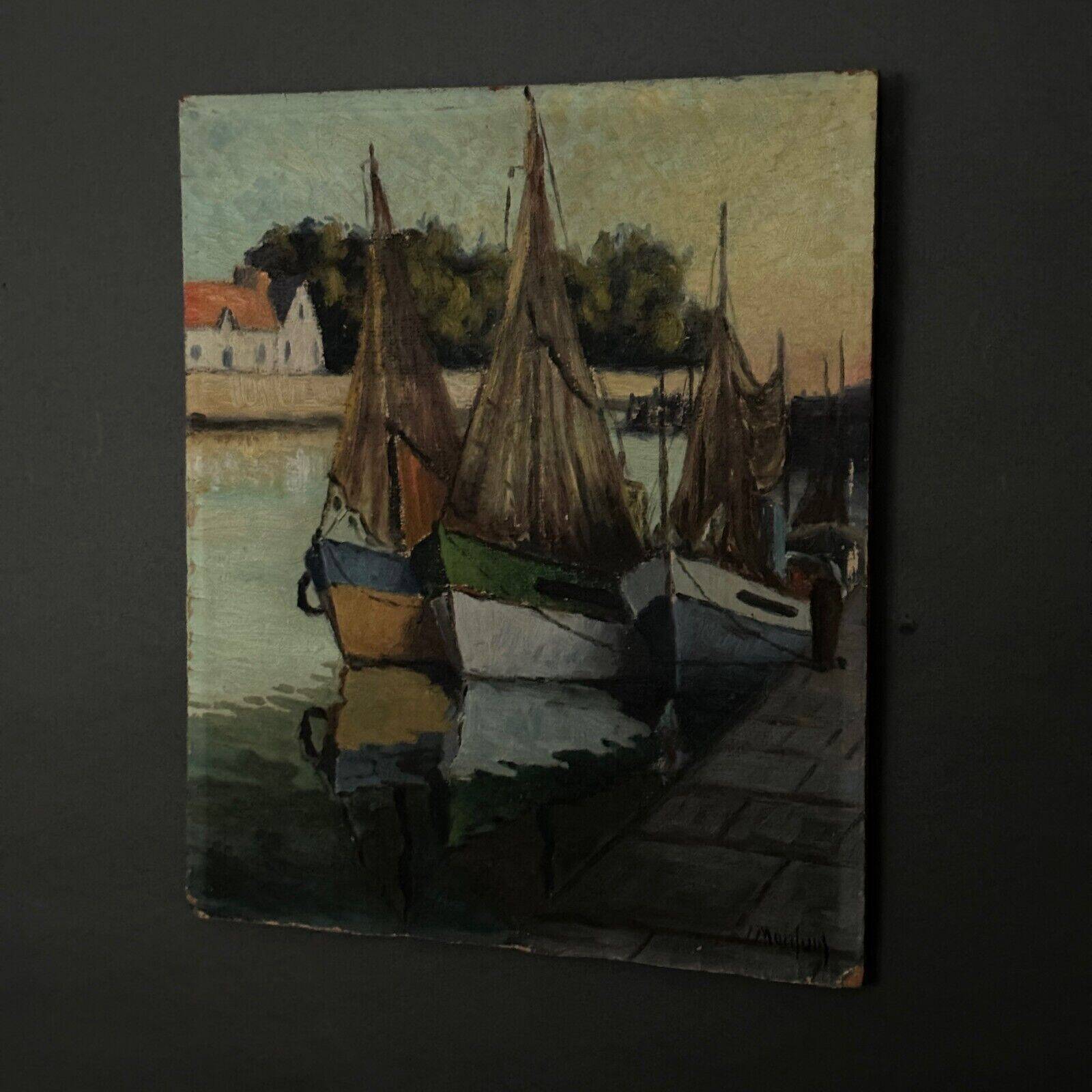 Oil on cardboard fishing boats at the quayside 20th century by Moufunt