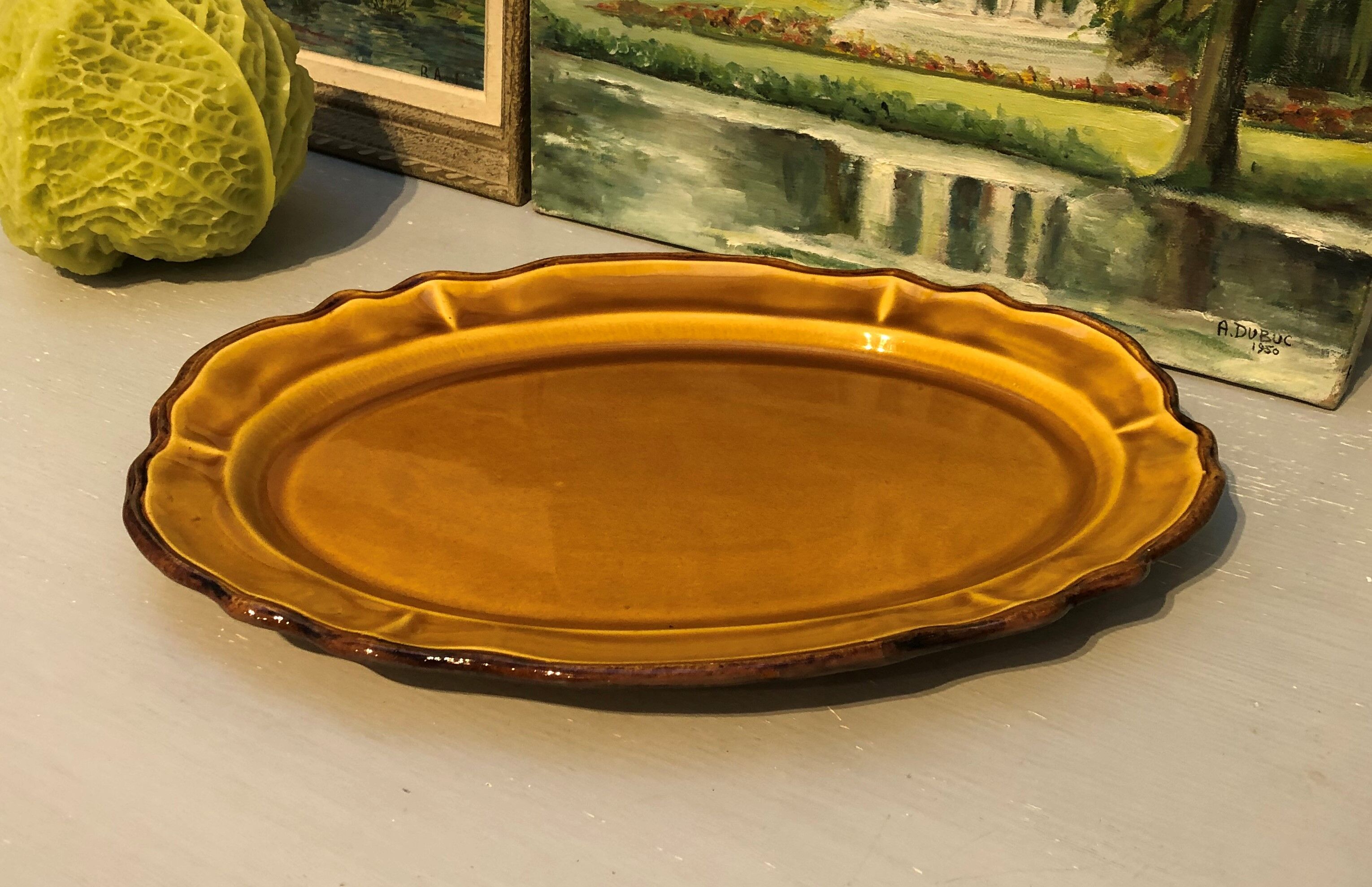 Oval dish caramel color chocolate brown edging signed faience haute provence made in France
