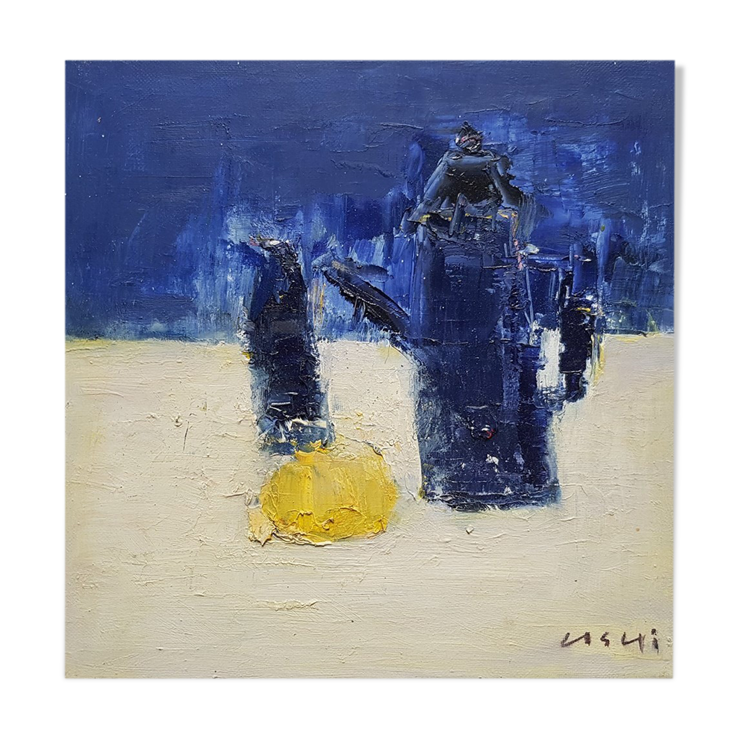 Nagao Usui painting "Still life with coffee maker and lemon"
