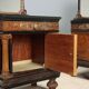 Antique walnut bedside tables with marble and burl, Italy, 20th century.