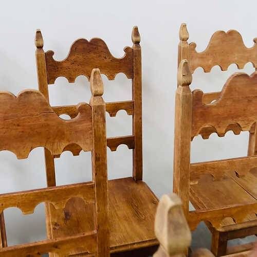 Set of 6 vintage solid oak high-back dining chairs – rustic European / Spanish revival