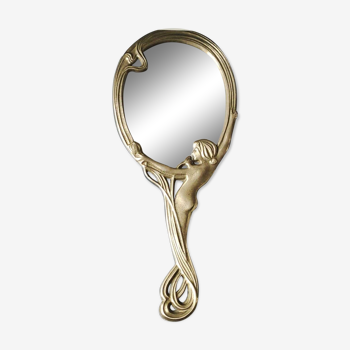 Old vanity mirror/hand face mirror/nude of a woman, naiad. art nouveau style. brass. 25 x 11 cm