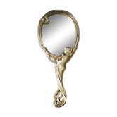 Old vanity mirror/hand face mirror/nude of a woman, naiad. art nouveau style. brass. 25 x 11 cm