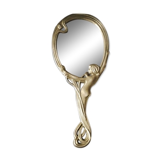 Old vanity mirror/hand face mirror/nude of a woman, naiad. art nouveau style. brass. 25 x 11 cm