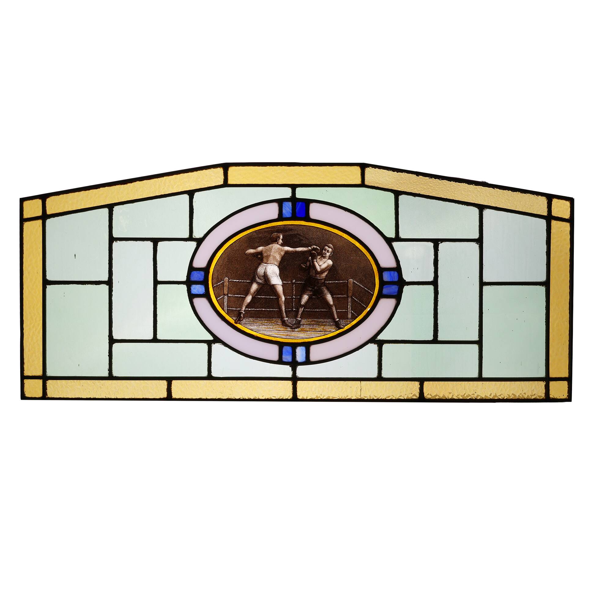 Art Deco Stained Glass Panel Depicting a Boxing Match, Belgium ca. 1910