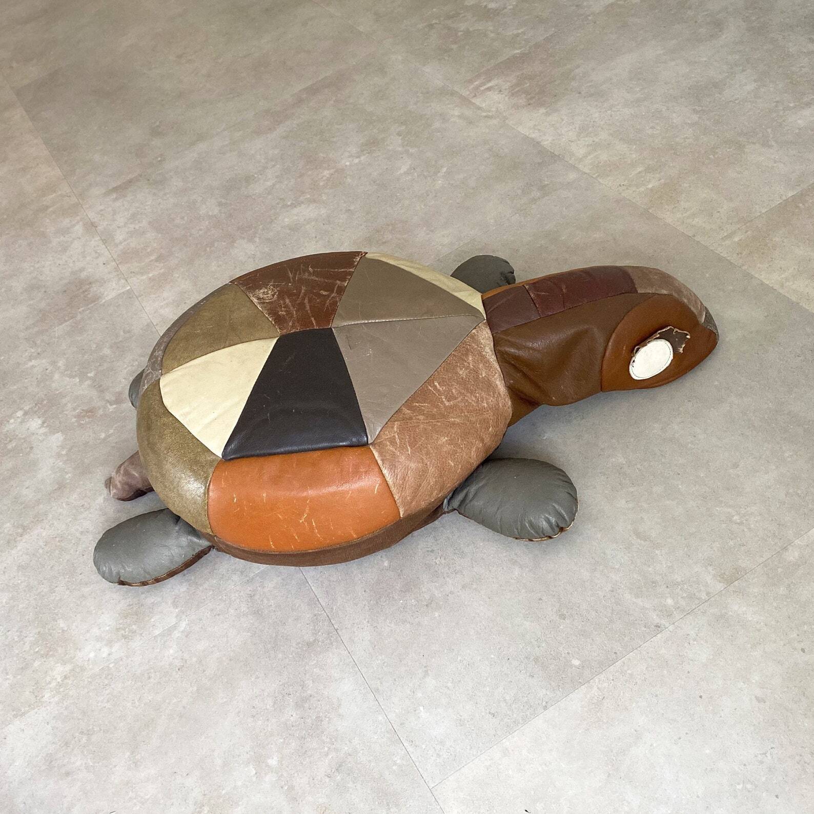 Large vintage leather patchwork turtle cushion / poof, stuffed leather animal, 1970s
